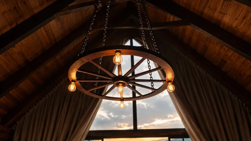 Lustre de roda de carroça sob o telhado em A, com o vidro e o pôr do sol ao fundo